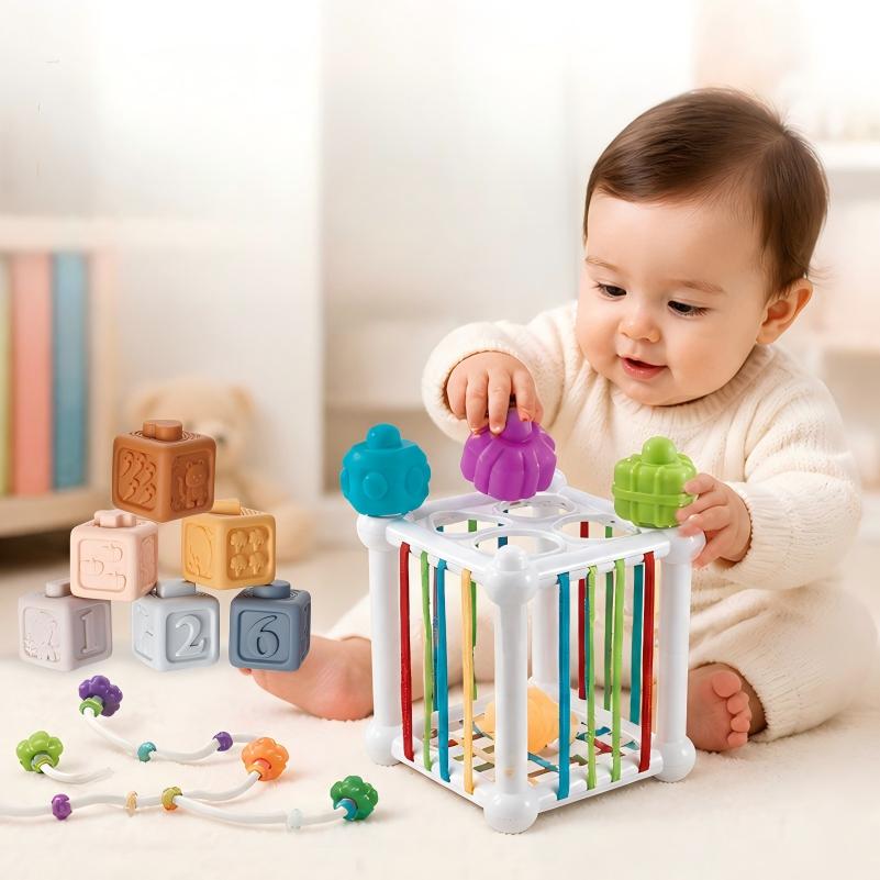 Bola Chocalho para Bebê + Copos de Empilhar + Blocos Macios – Kit de Brinquedos Montessori Sensorial para Coordenação e