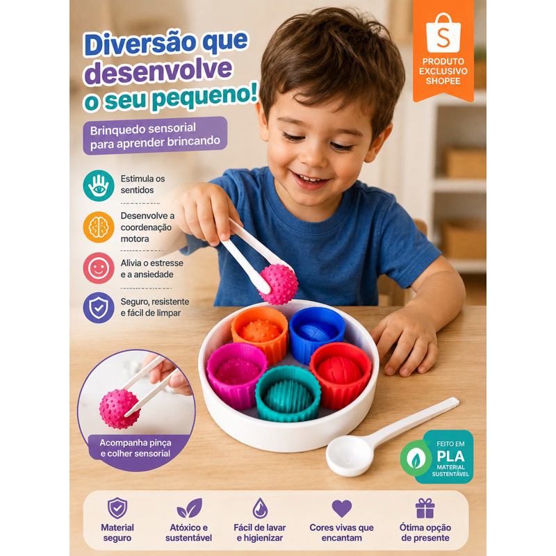 Kit Sensorial Montessori Customizável Copos Com Bolas Com Texturas Jogo de Classificação e Aprendizagem