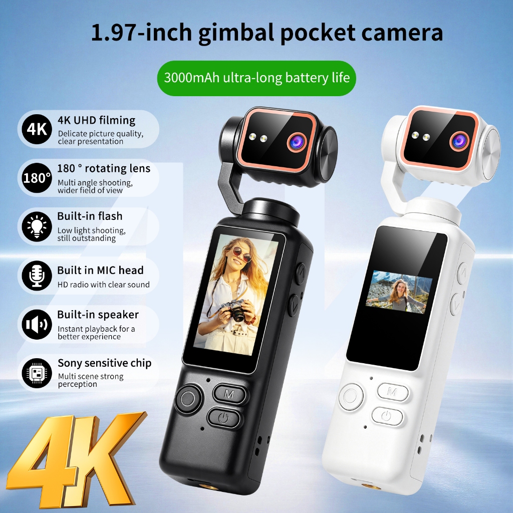 Câmera De Ação Vlog De Bolso 4K UHD Vídeo Portátil Com Tela De 1.97 Polegadas180 ° Mini Filmadora Lente Giratória 3000mA