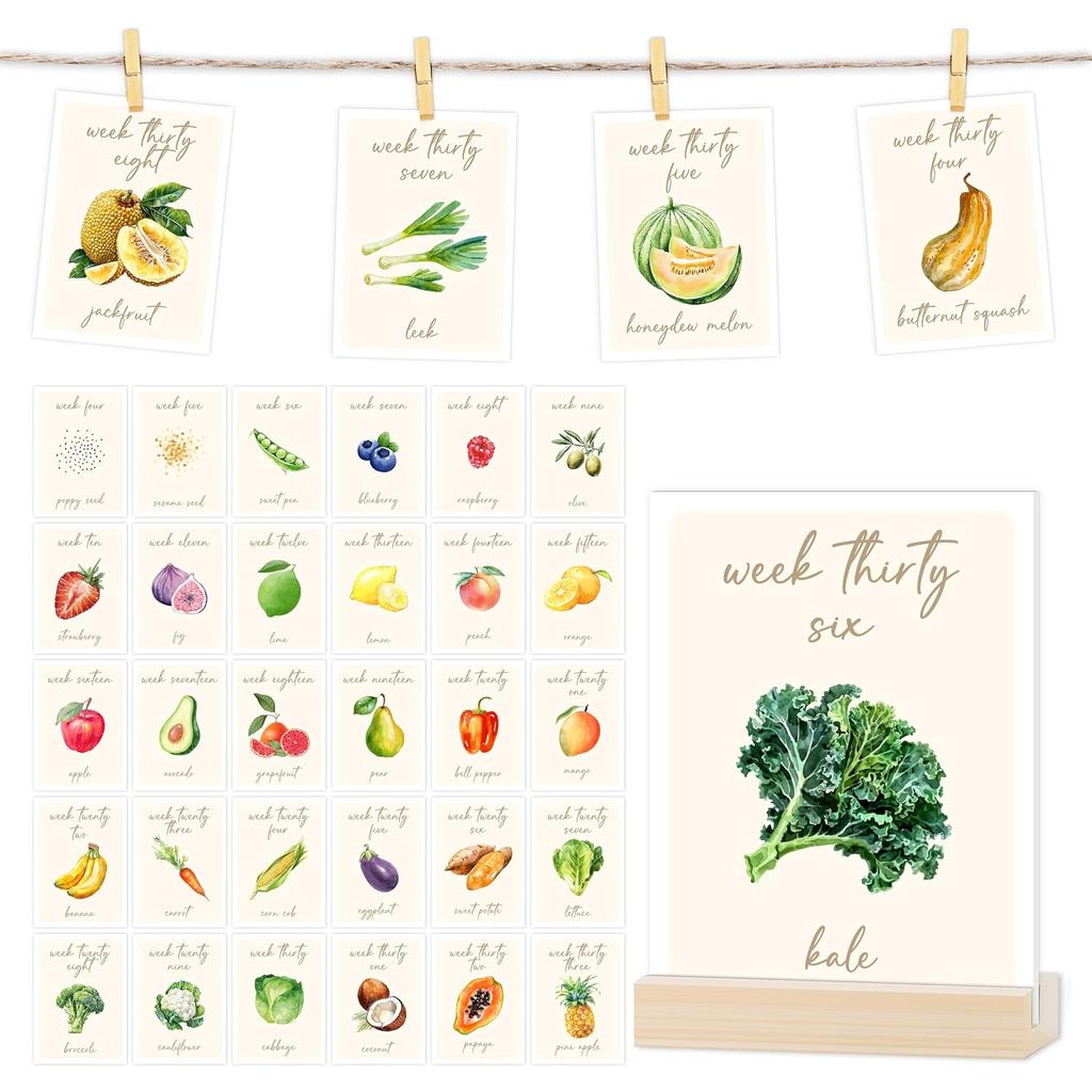 Fruit Veggies Pregnancy Announcement Cards, 37 Pcs Baby Tracker Weekly Milestone Sign For Photos, Locally Grown Baby Sho