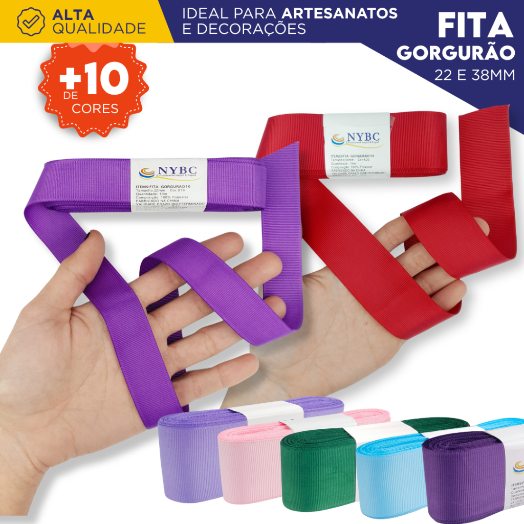 Fita Gorgurão 22mm com 10 Metros Colorida para Laços de Cabelo, Artesanato, Costura e Decoração - MN
