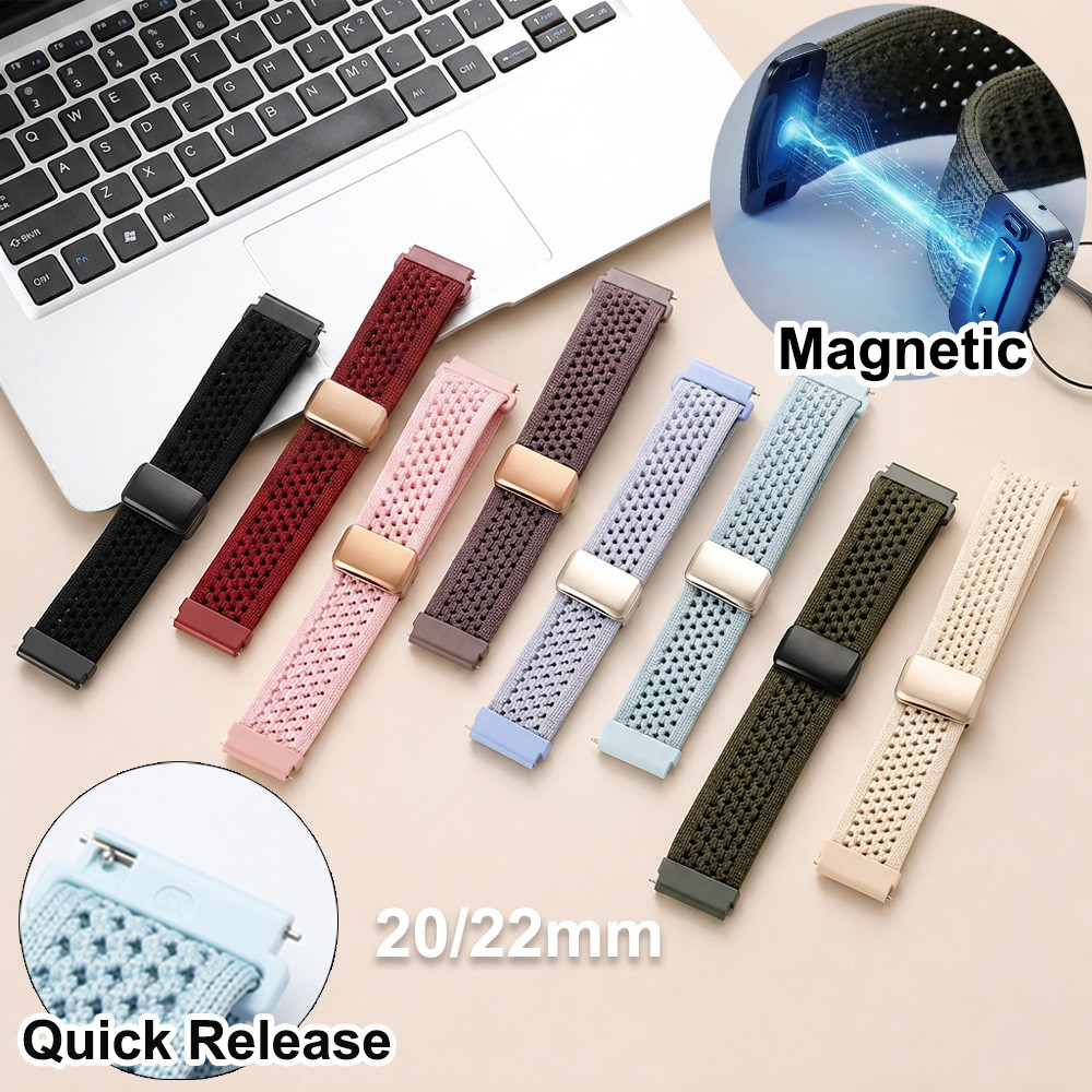 Fivela Magnética De Liberação Rápida Respirável Nylon Oco Tecido Pulseira De Relógio 20mm 22mm Colorido Smartwatch Intel