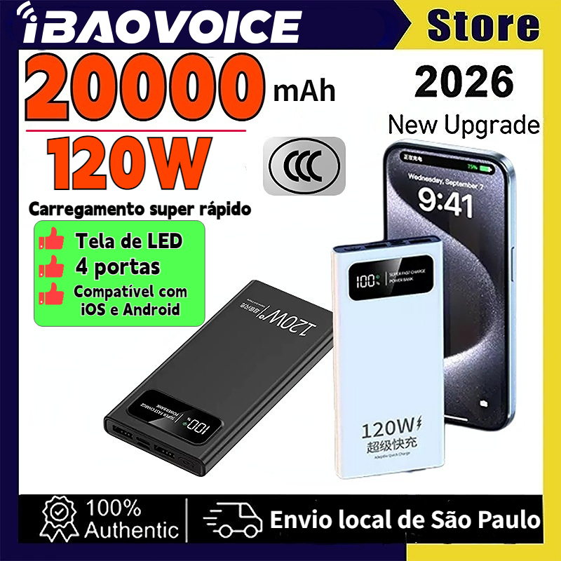 【CCC】iBAOVOICE Carregador Portátil Turbo Power Bank 20000mah 120W Carregamento Rápido Com Tela Lcd 100% Original