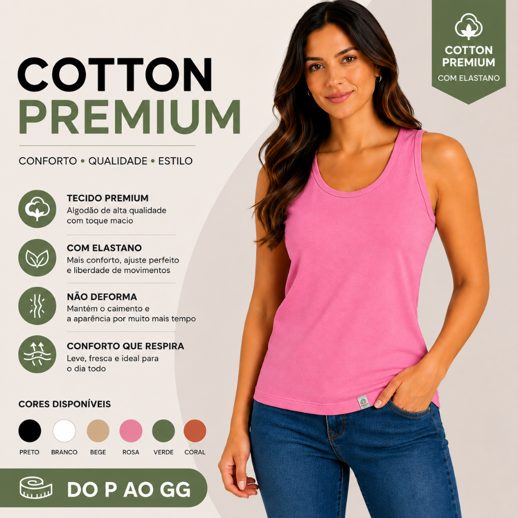 Regata Feminina Cotton Elastano Básica  Confortável Moda Casual Atemporal Blusa Leve Verão 25617-A