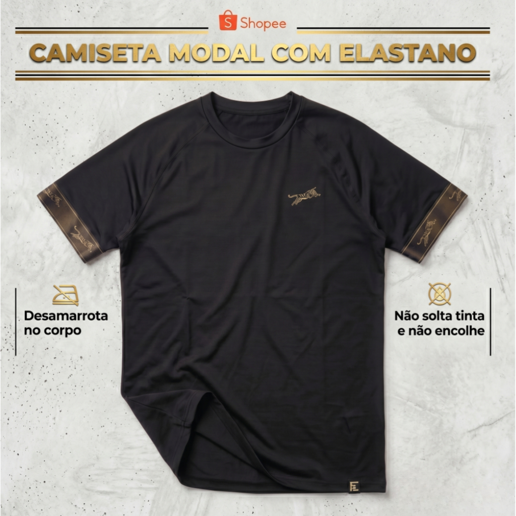 Camiseta Masculina Premium Max Tiger Slim Cotton Elastano Raglan Bordada Academia Casual Fitness