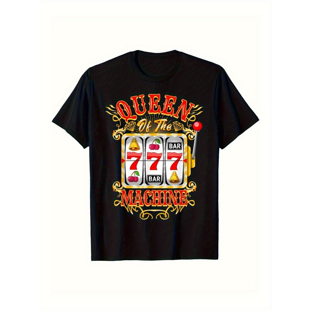 Camiseta 2026 T-shirt Retro Slot Machine Queen 777 Symbols Cotton Relaxed Fit Casual Confortável Estilosa Retrô