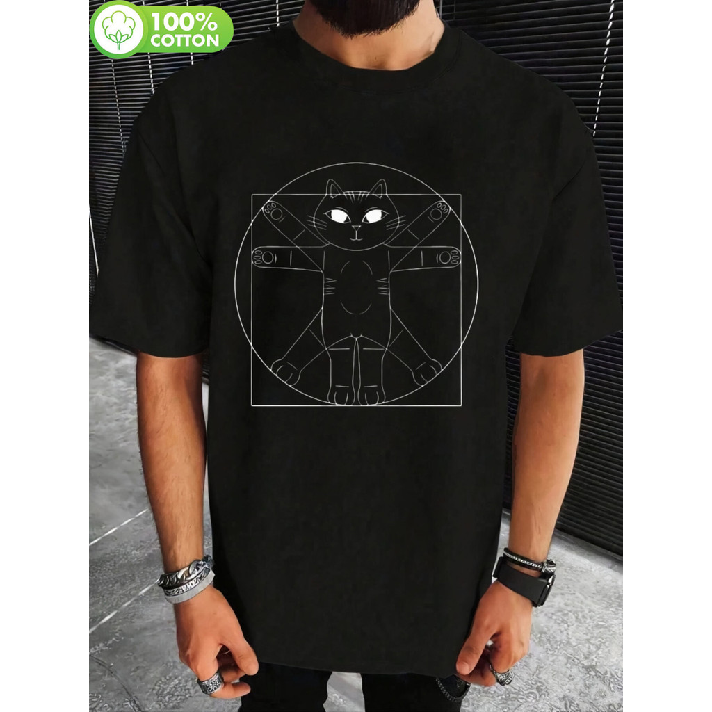 Camiseta T-shirt 2026 Black Vitruvian Cat Print Cotton Casual Hiking Outdoor Confortável Divertida Estilosa Casual