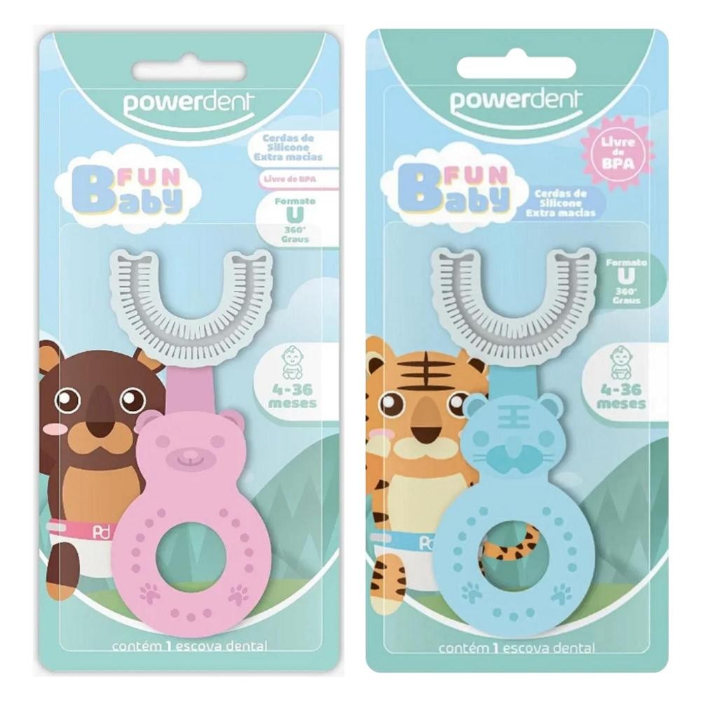 Escova de Dente Infantil 360º Fun Baby Powerdent – Silicone Extra Macio (0 a 3 Anos)