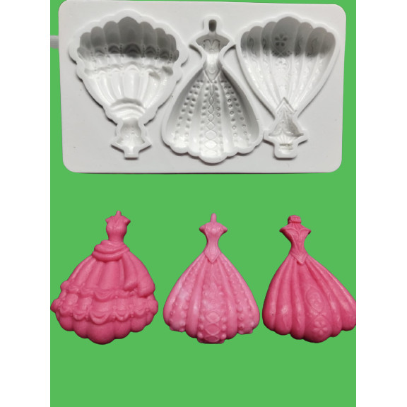 MOLDE DE SILICONE 3 VESTIDOS 3D PRINCESAS 15 ANOS CASAMENTO IEDA