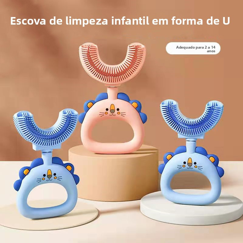 Escova de dentes infantil em formato de U, de silicone, com cerdas macias para bebês de 2 a 14 anos.