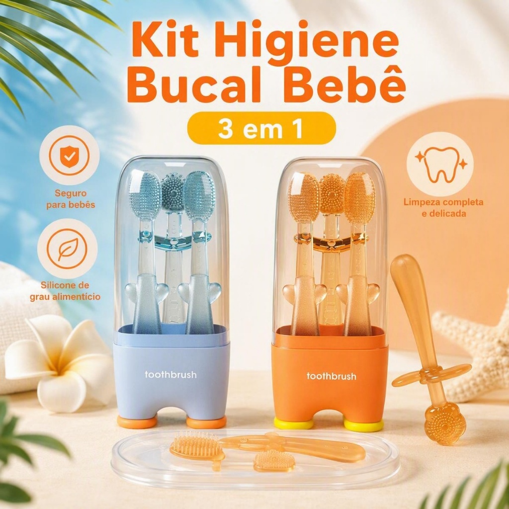 Escova de Dente Infantil Silicone Macia Bebê 0-1 Ano Kit Limpeza Bucal Limpador de Língua e Mordedor Livre de BPA Primei