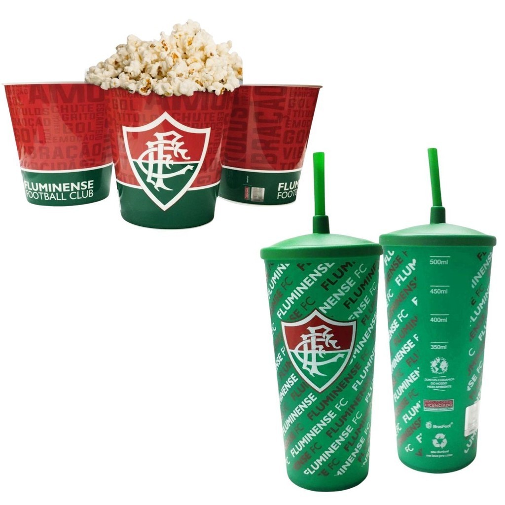 Kit 1Un Balde Para Pipoca Grande 2,5l + 2 Copos Tampa Canudo Filme Serie Time Fluminense Oficial