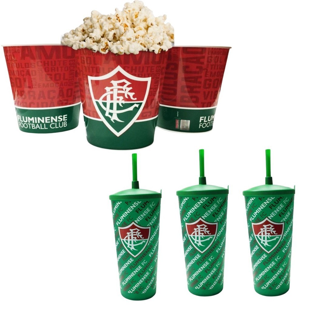 Kit 1Un Balde Para Pipoca Grande 2,5l + 3 Copos Tampa Canudo Filme Serie Time Fluminense Oficial