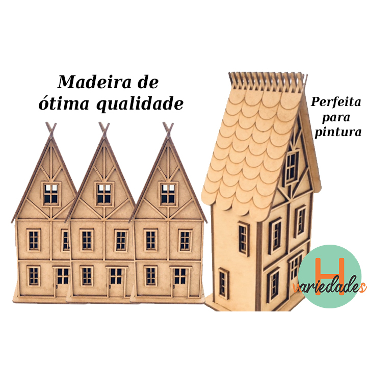 Kit 3 chalés MDF Cru Maquete Artesanato Pintura Fazendinha Vila Natal