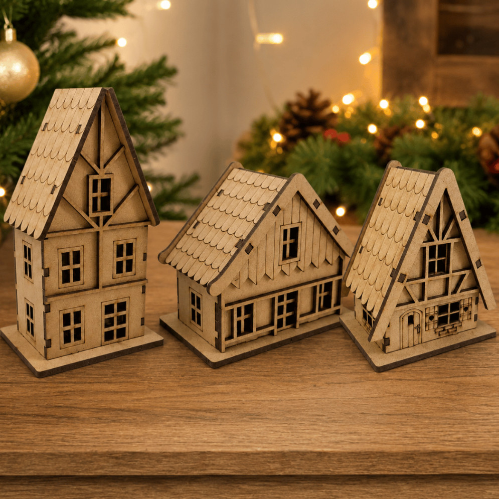 Kit 3 Casinha em MDF Casa Chalé De Vila Rústica Para Maquete  Decoração Enfeite De Natal