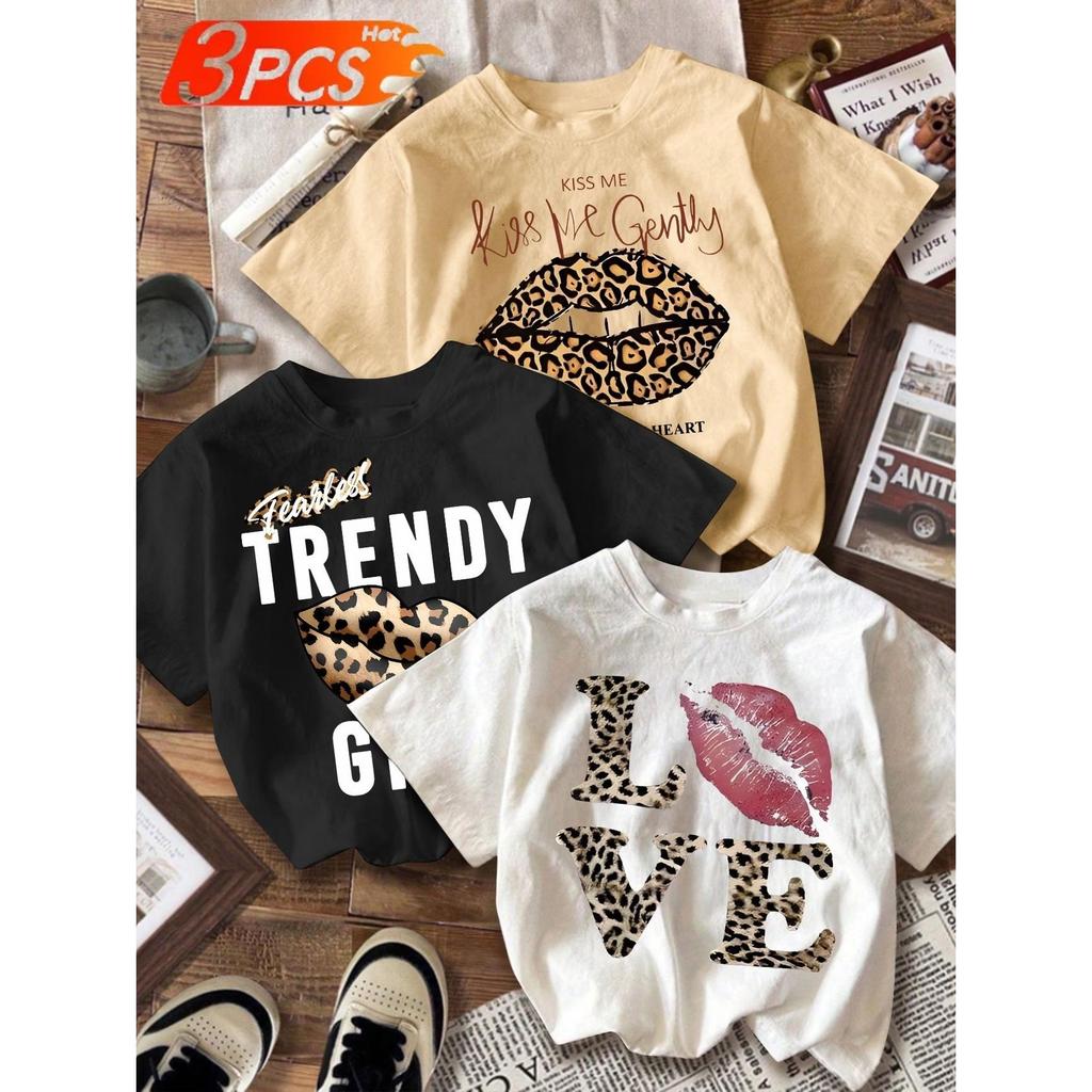 Kit 3 Camiseta Blusinha Feminina Algodão Premium Adulto Plus Size Infantil Casual Estampa Boca Beijo Love Oncinha Trendy