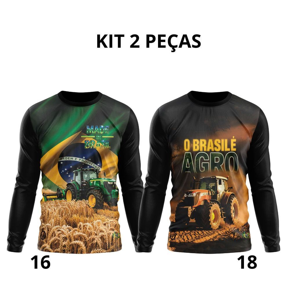 Camiseta Masculina De Manga Comprida Agro Tractor Plantation Soybean Brasil UV50 + (Kit 2)