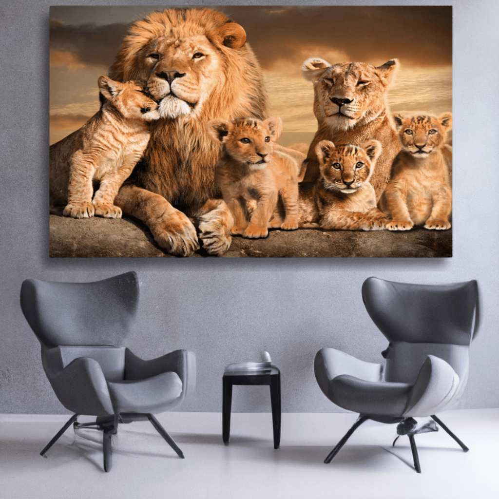 Quadro Leao Familia 04 Filhotes Sala Quarto Tela Grande 60x90 Madeira e Tecido Canvas