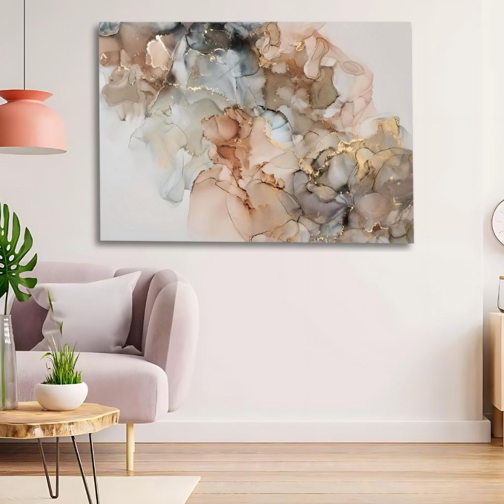 Quadro Abstrato Moderno Decorativo Grande 60x90 Tom Pastel Tela Madeira e Tecido Canvas