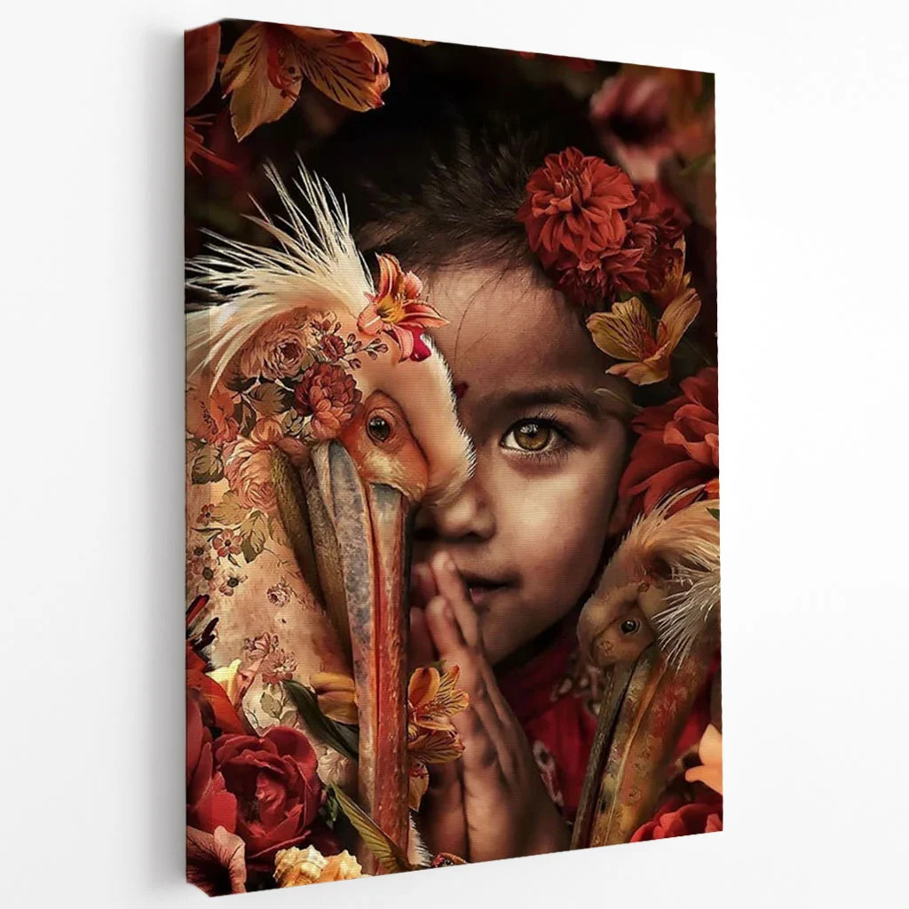 Quadro Decorativo Menina com Pelicano e Flores 60x90 Tela Canvas Grande Pronto Para Pendurar Sala Quarto