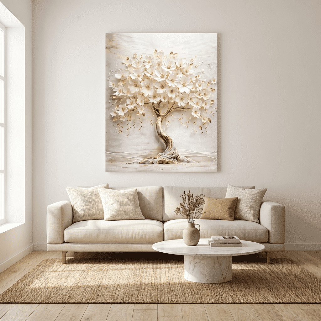 Quadro Decorativo Árvore Florida Dourada 60x90 Tela Canvas Grande Pronto Para Pendurar Sala Quarto