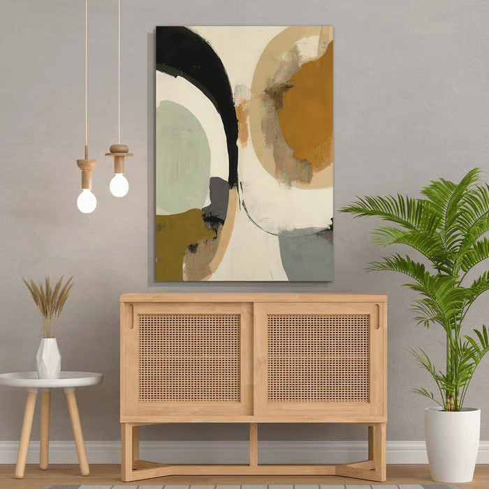 Quadro Decorativo Formas Abstratas Bege e Preto 60x90 Tela Canvas Grande Pronto Para Pendurar Sala
