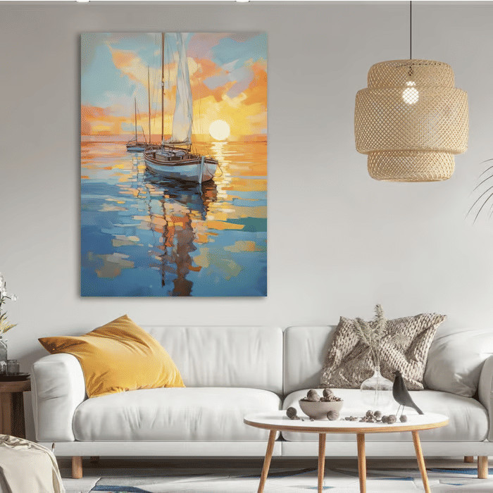 Quadro Decorativo Barcos no Pôr do Sol Laranja 60x90 Tela Canvas Grande Pronto Para Pendurar Sala