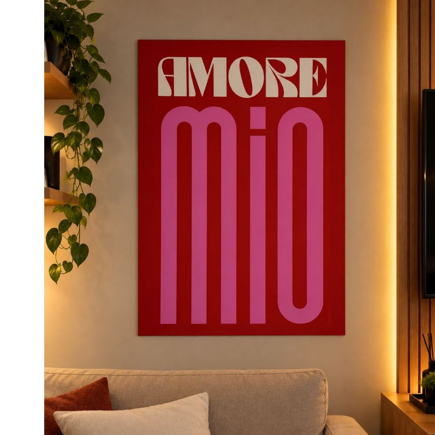 Quadro Decorativo Amore Mio Tipografia Rosa 60x90 Tela Canvas Grande Pronto Para Pendurar Sala Quarto