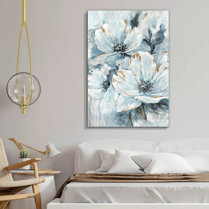 Quadro Decorativo Flores Brancas Azuladas 60x90 Tela Canvas Grande Pronto Para Pendurar Sala Quarto