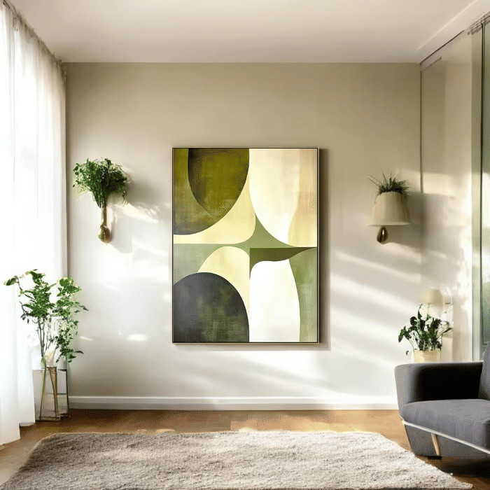 Quadro Decorativo Formas Geométricas Verde Oliva 60x90 Tela Canvas Grande Pronto Para Pendurar Sala
