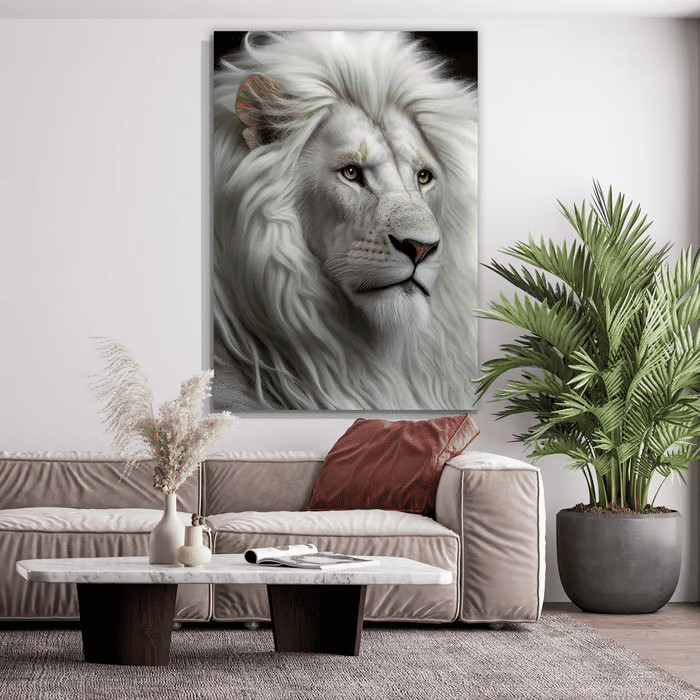 Quadro Decorativo Leão Branco 60x90 Tela Canvas Grande Pronto Para Pendurar Sala Quarto Decoração
