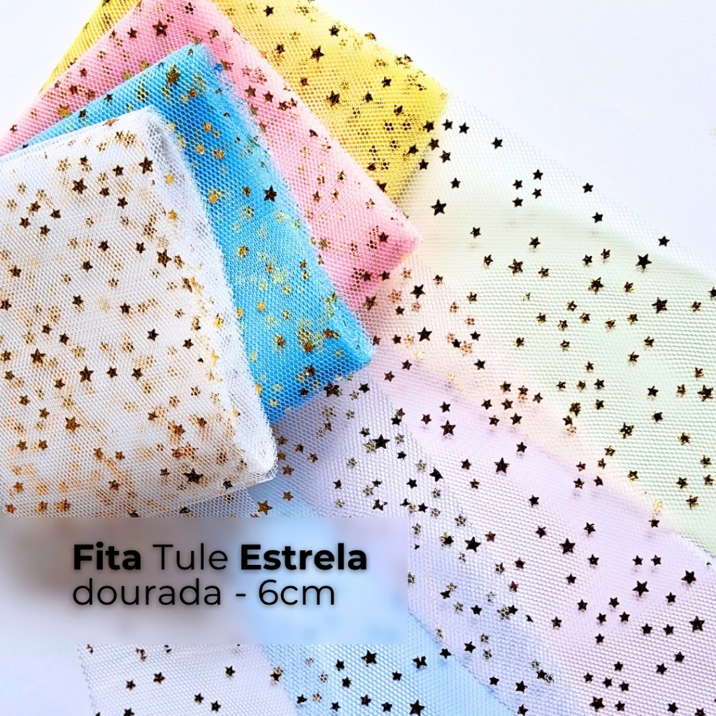 Fita Tule com Estrela Dourada 60mm (Escolha a partir de 3 Metros) para Laços e Tiaras