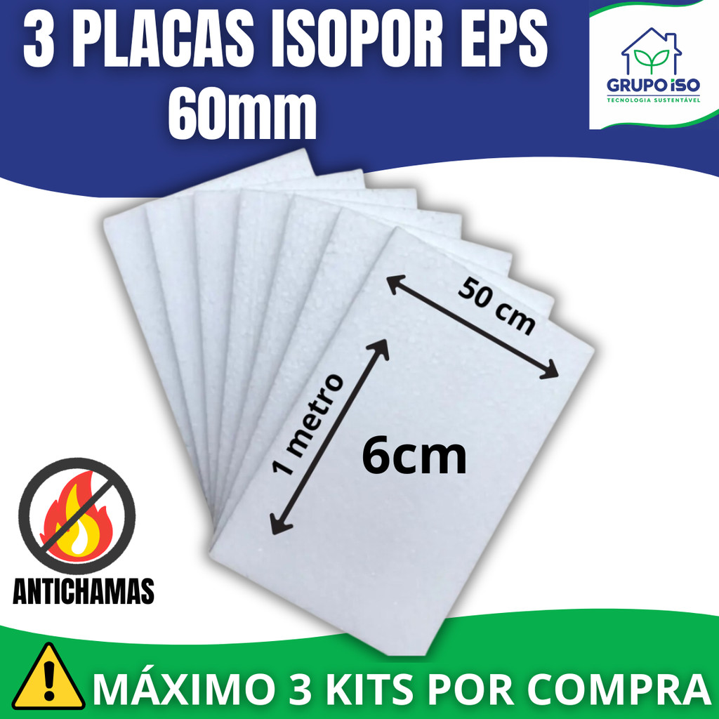 Kit 3 Placas Forro de Isopor EPS Antichamas 60MM 100 x 50 x 6cm Revestimento e Isolamento