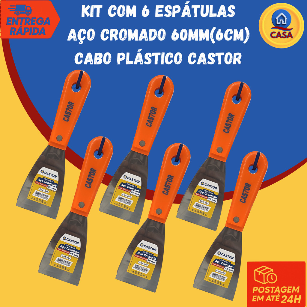 Kit 6 Espátulas de Aço Cromado Cabo Plástico Reforçado 60mm (6cm)- Castor