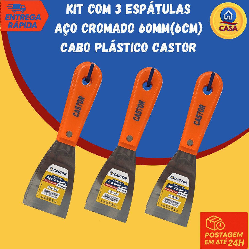 Kit 3 Espátulas de Aço Cromado Cabo Plástico Reforçado 60mm (6cm) - Castor