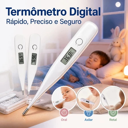 Termômetro Digital Clínico Corporal Sem Mercúrio com Visor LCD, Aviso Sonoro e Bateria Substituível para Adultos e Bebês
