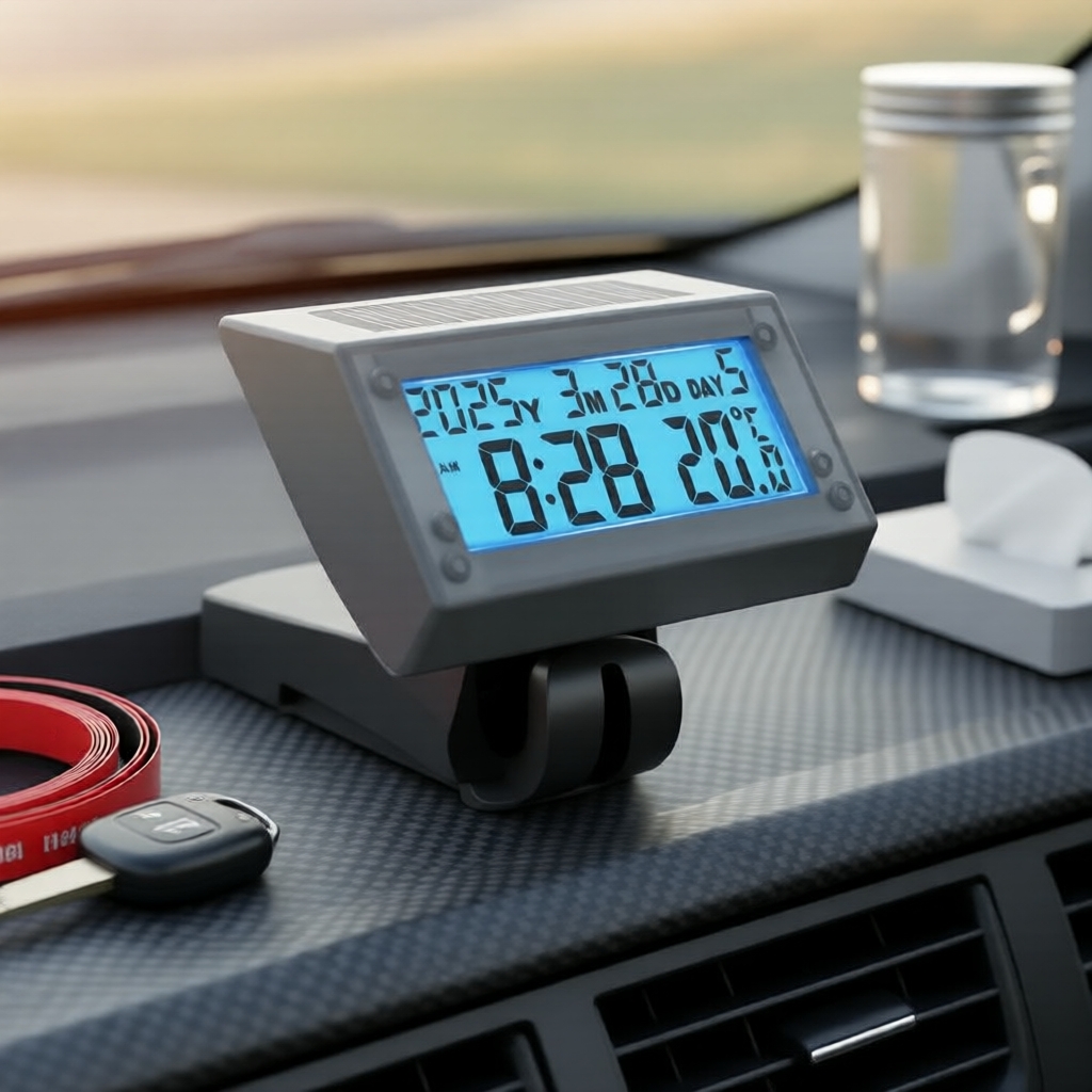 Relógio solar digital para carro – painel de instrumentos retroiluminado com semana, data, temperatura e visor LCD