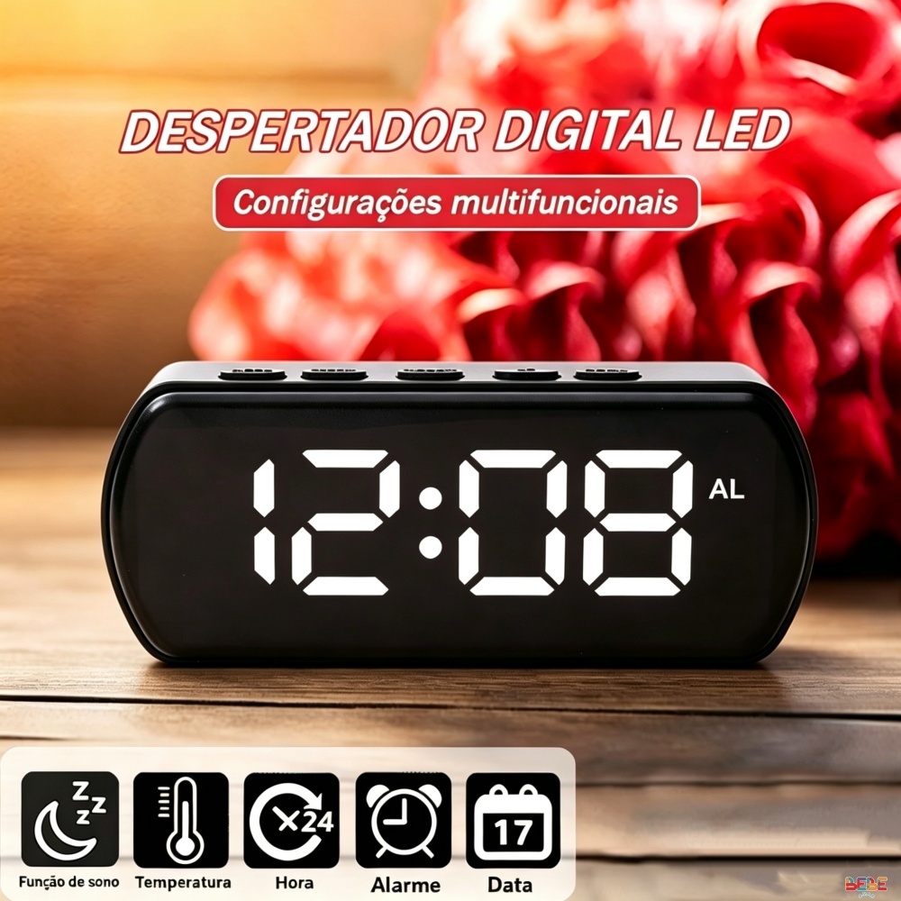 Despertador Digital Multifuncional Com Visor Grande Leitura De Temperatura E Luz LED