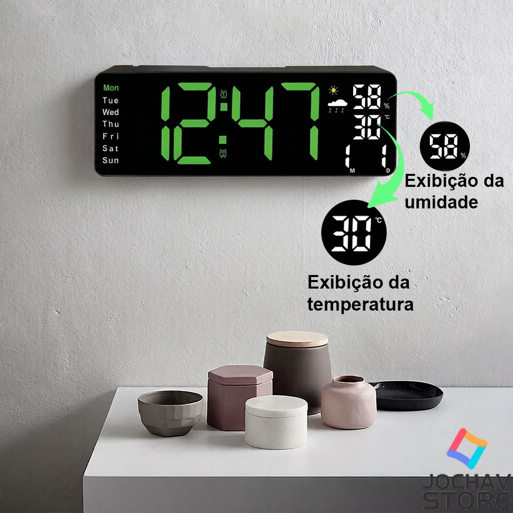 Relógio de Parede Digital LED Grande com Alarme, Exibição de Temperatura e Umidade, Relógio Inteligente para Casa