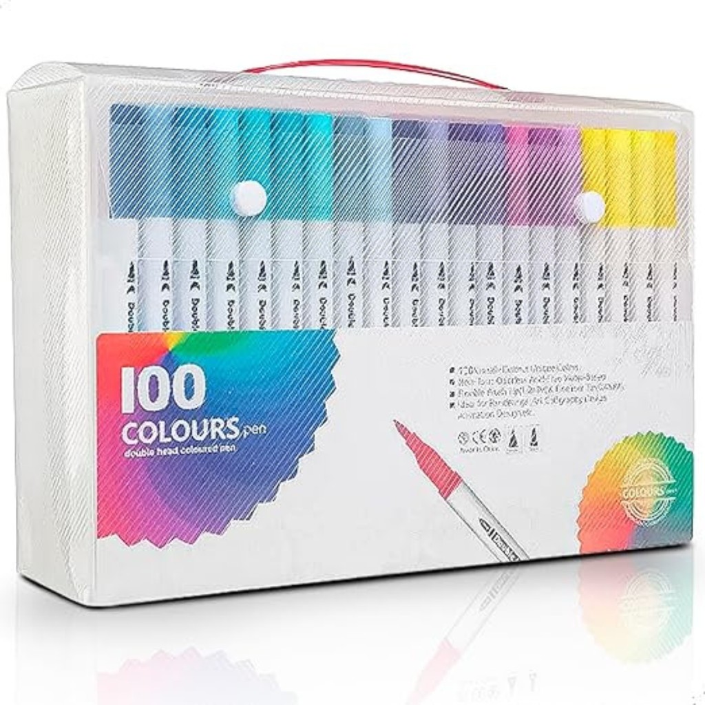 Kit 100 Canetas Ponta Dupla Brush Pincel Escolar Canetinha