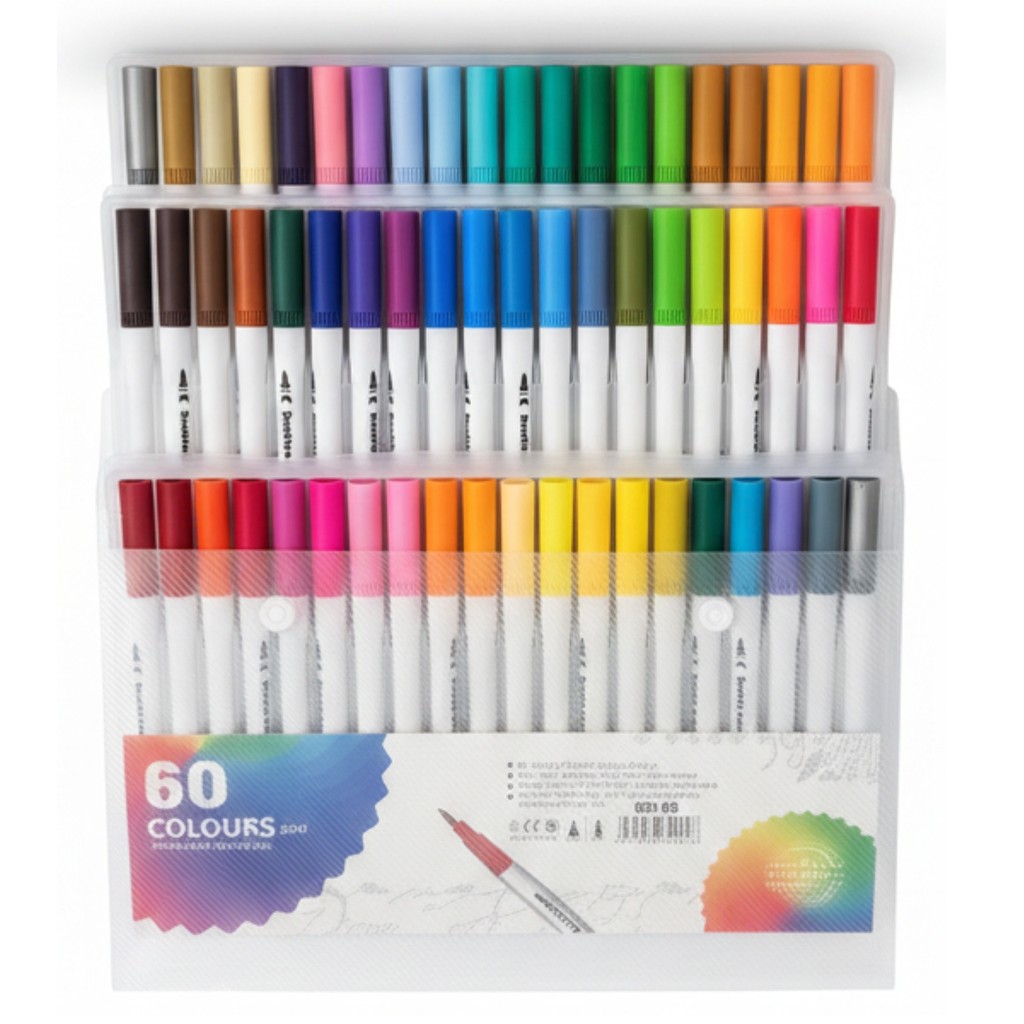 Kit 60 Canetas Ponta Dupla Brush Pincel Escolar Canetinha