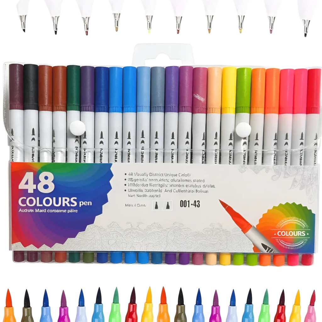 Kit 48 Canetas Ponta Dupla Brush Pincel Escolar Canetinha