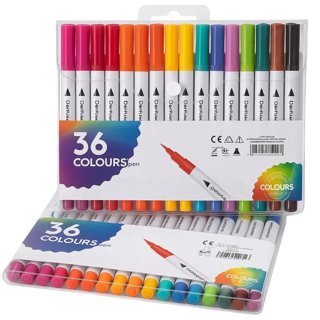 Kit 36 Canetas Ponta Dupla Brush Pincel Escolar Canetinha