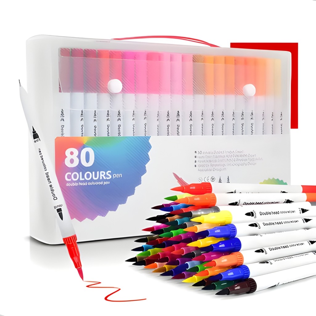 Kit 80 Canetas Ponta Dupla Brush Pincel Escolar Canetinha