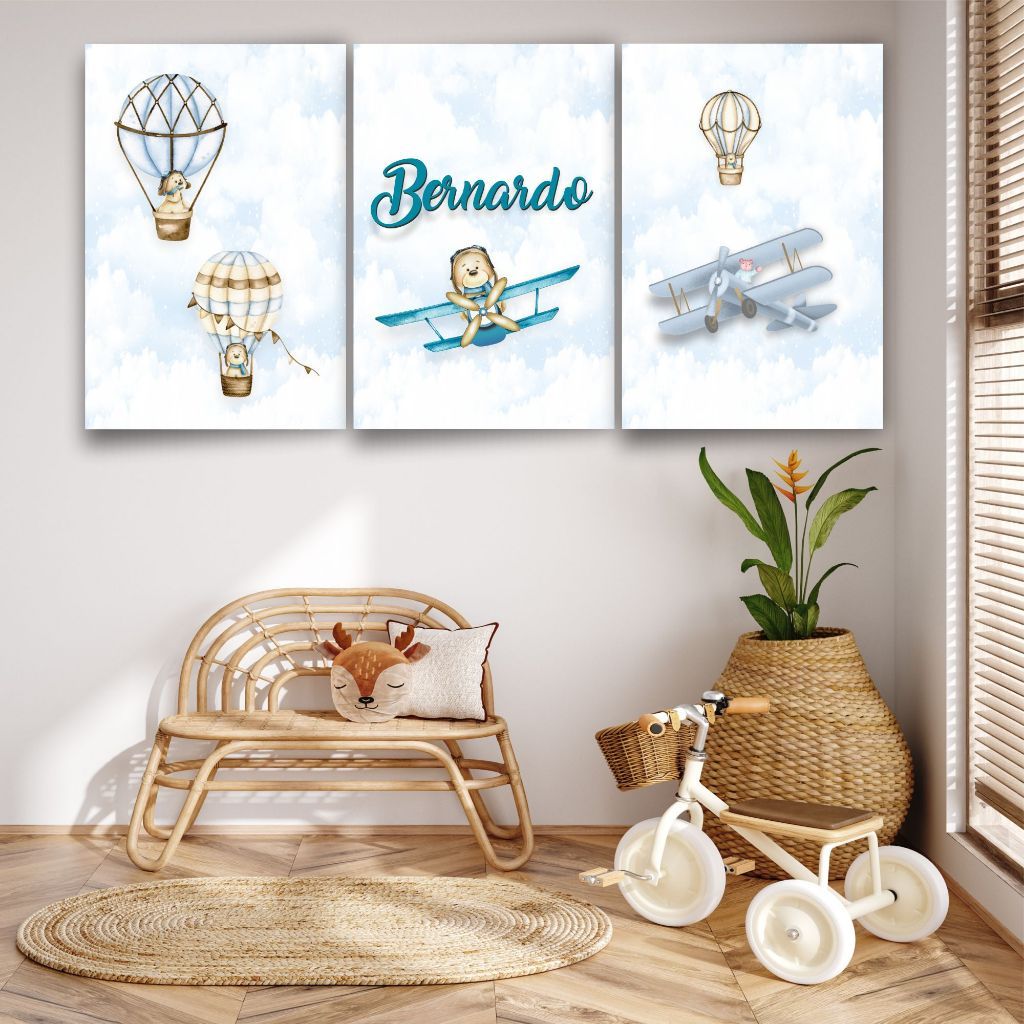 KIT 3 QUADROS URSO AVIADOR COM NOME PERSONALIZADO - DECORAÇÃO URSO AVIADOR - MEDIDA 20X30