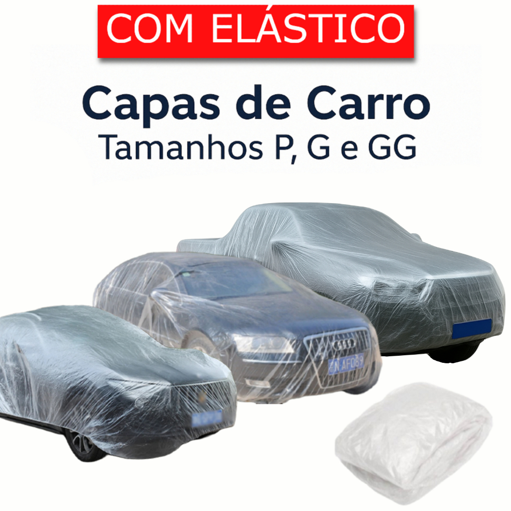 Capa Plástica Impermeável Transparente Cobrir Carro Tamanhos P/ G/ GG/ Com Elástico Proteção Chuva Automotiva 20 Micras