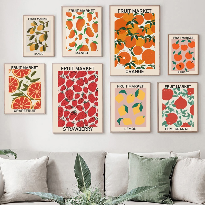 Decoração Da Parede Do Vintage Poster Frutas Mercado Cereja Limão Pêra Laranja Banana Pintura Lona Arte Pictures Cozinha Sala De Estar De Casa