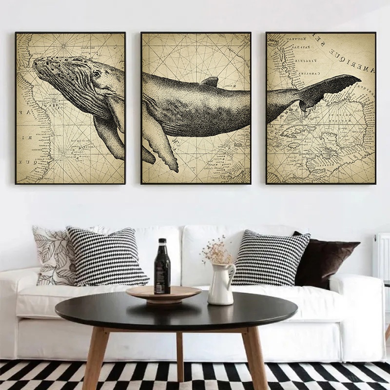 Quadro Vintage Marine Animals Poster, Wall Art Pictures, azul, baleia, cabeça, corpo, cauda, mapa do mundo, casa, decoração do quarto, 3 pcs