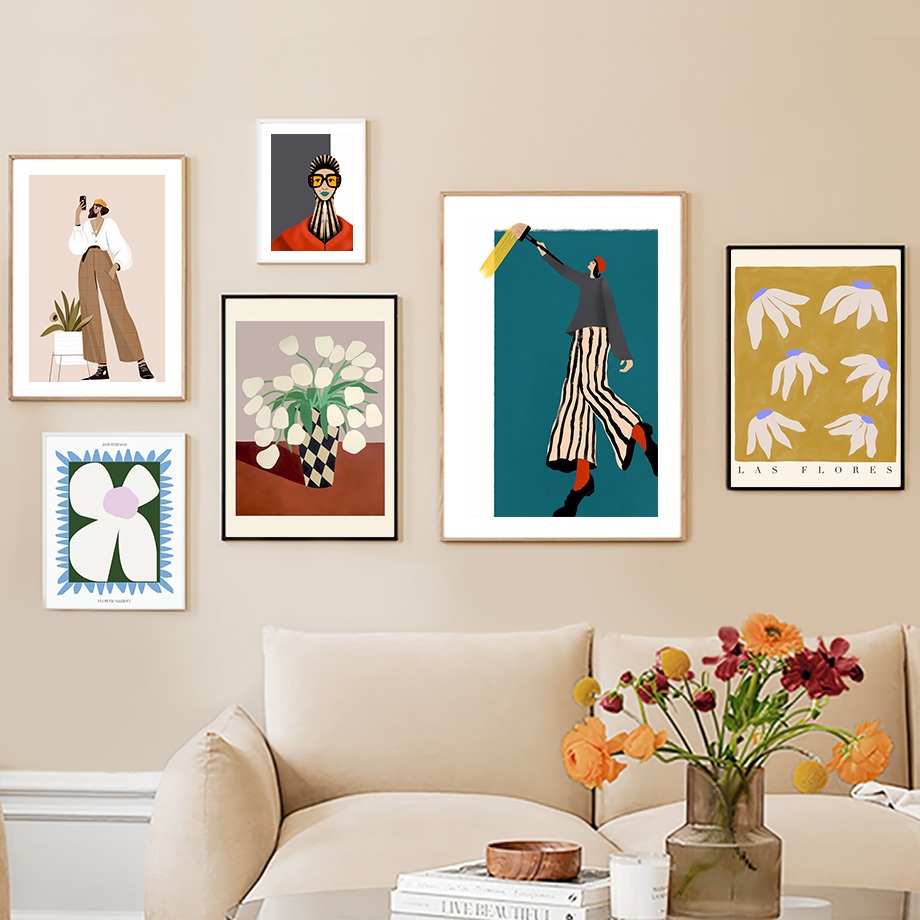 Quadro Abstrato Minimalista Wall Art,Menina Flor Bicicleta Posters Ilustração Moderna Pictures For Living Room Decor