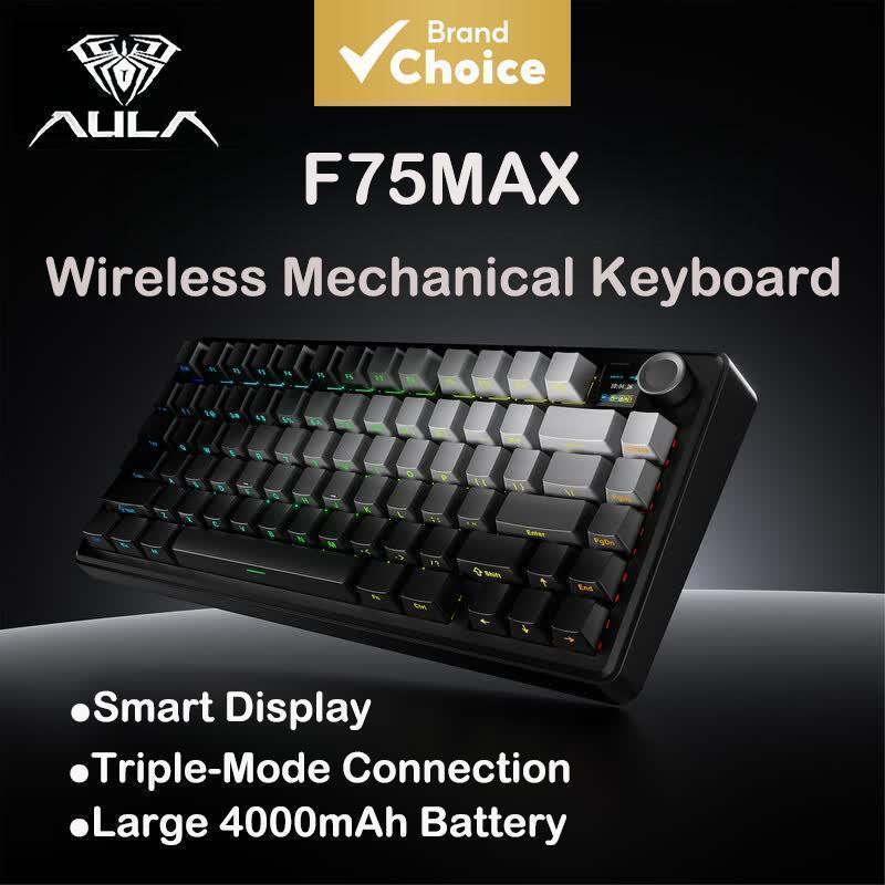 Teclado Mecânico AULA F75 MAX, Tri-Modo, Sem Fio Bluetooth, RGB, Intercambiável a quente, Estrutura de junta, 80 teclas